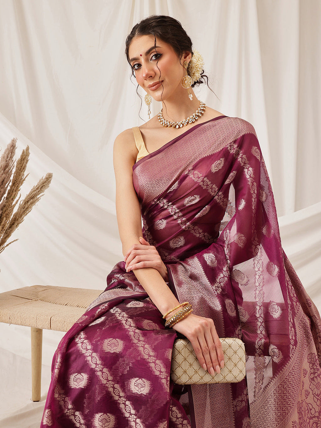 Purple Banarasi Organza Silk Saree with Lahariya Woven Design