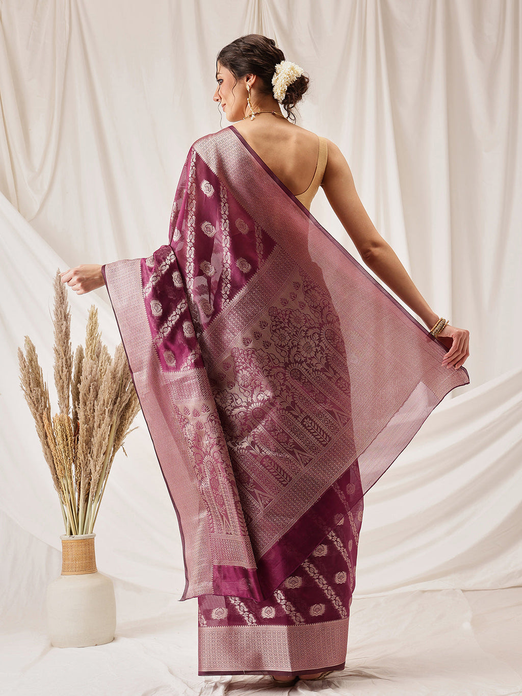 Purple Banarasi Organza Silk Saree with Lahariya Woven Design
