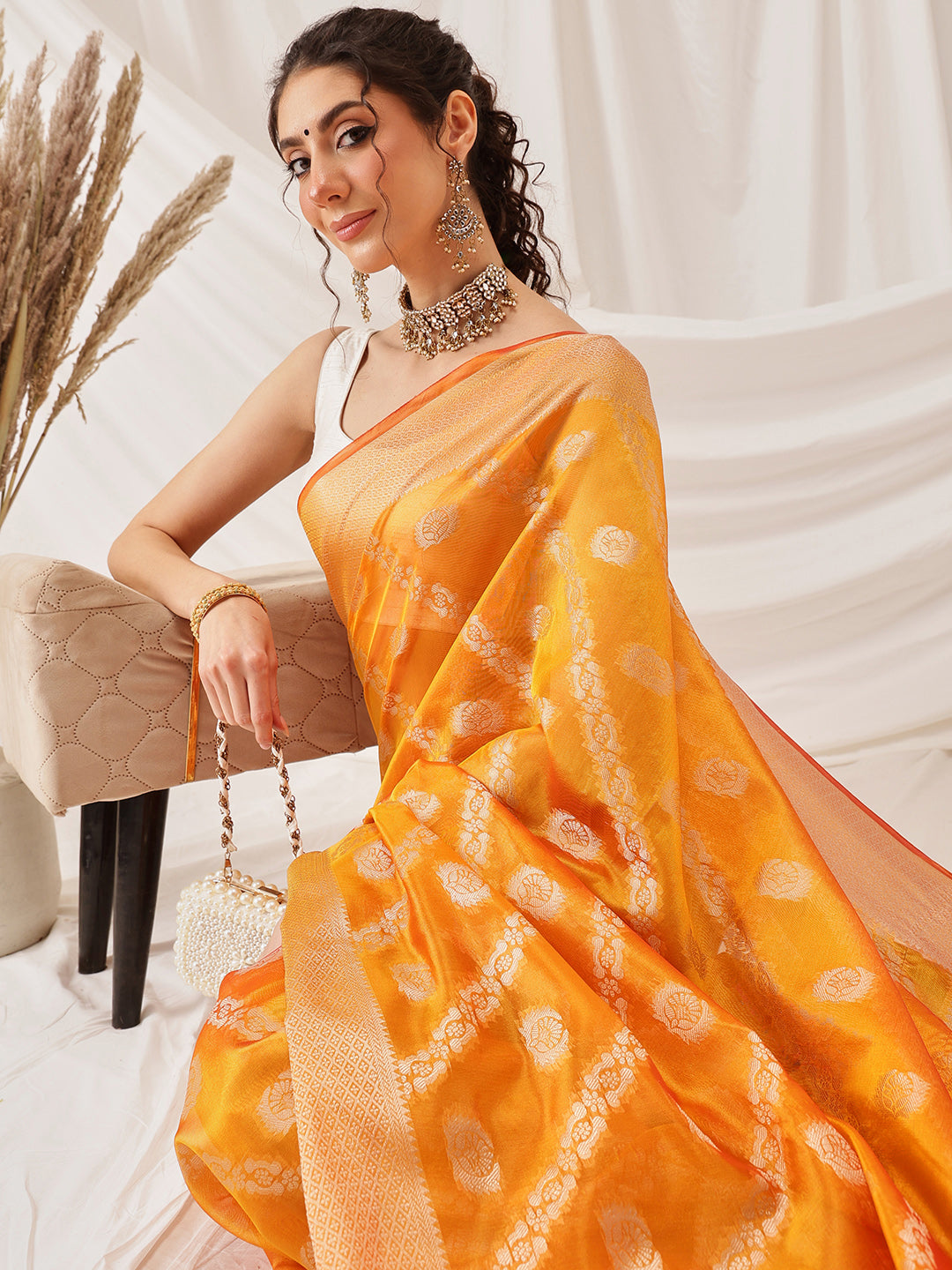 Yellow Banarasi Organza Silk Lahariya Woven Design Saree