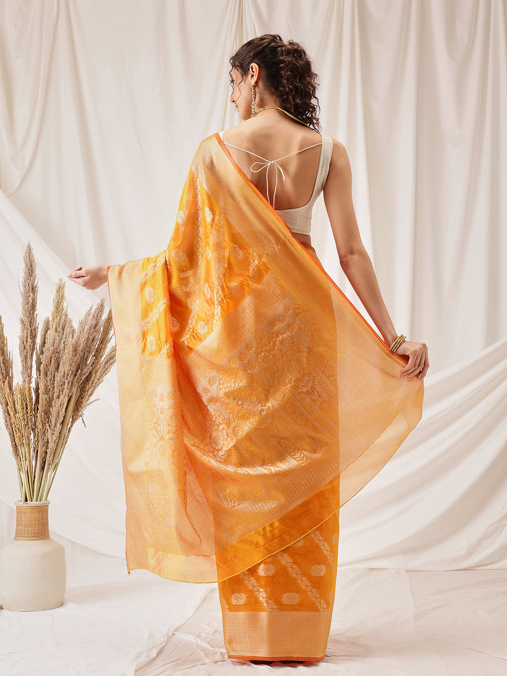 Yellow Banarasi Organza Silk Lahariya Woven Design Saree