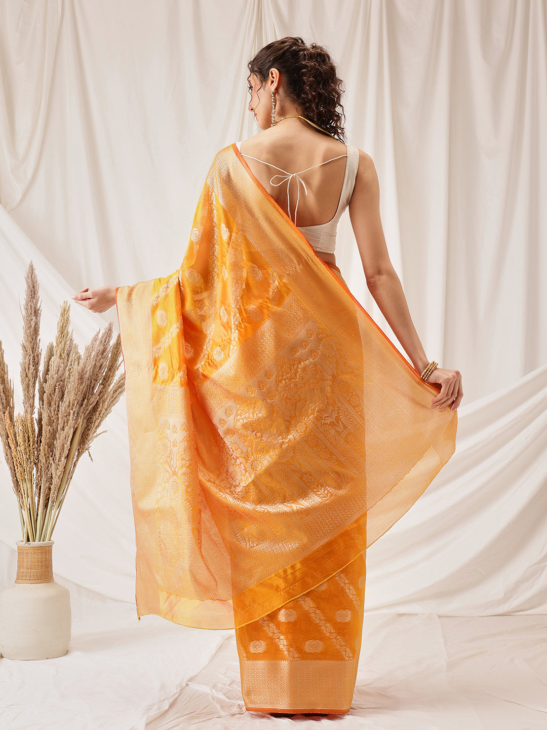 Yellow Banarasi Organza Silk Lahariya Woven Design Saree