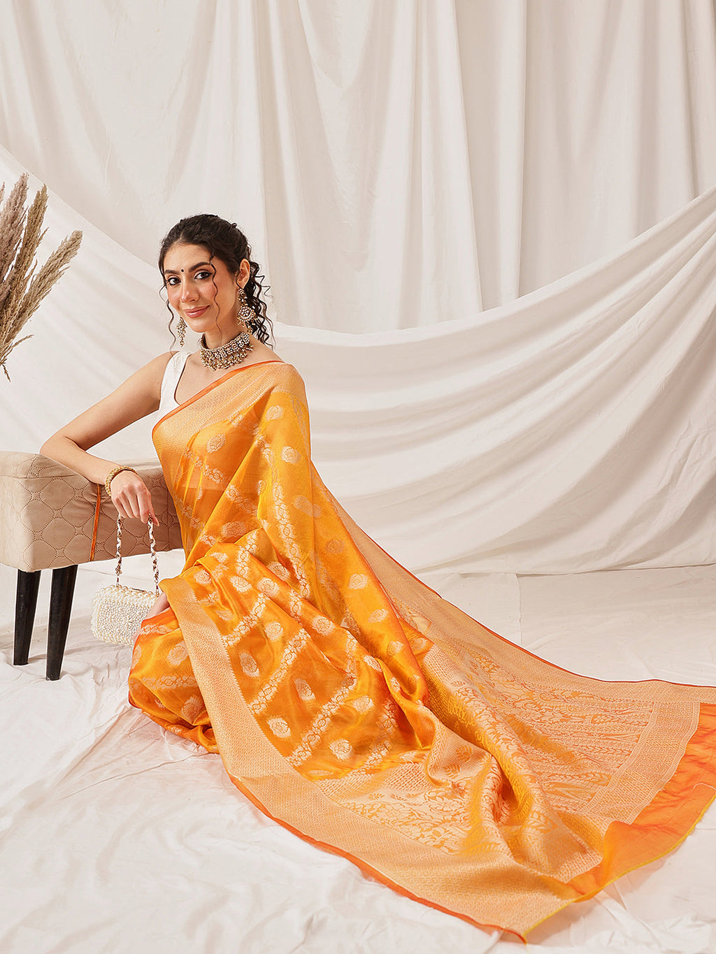 Yellow Banarasi Organza Silk Lahariya Woven Design Saree