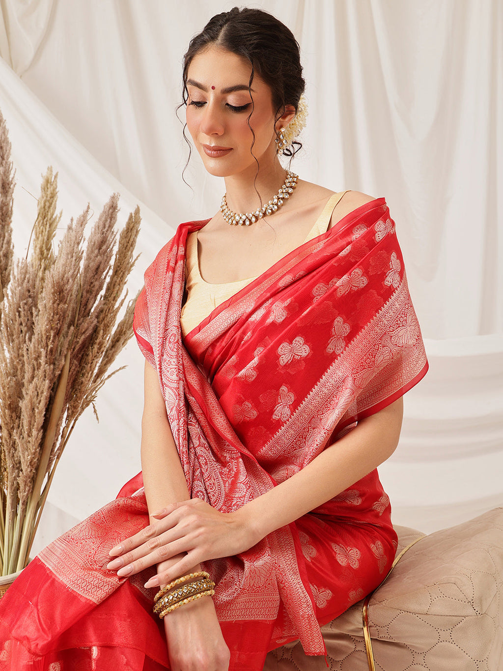 Red Banarasi Organza Silk Abstract Woven Design Saree