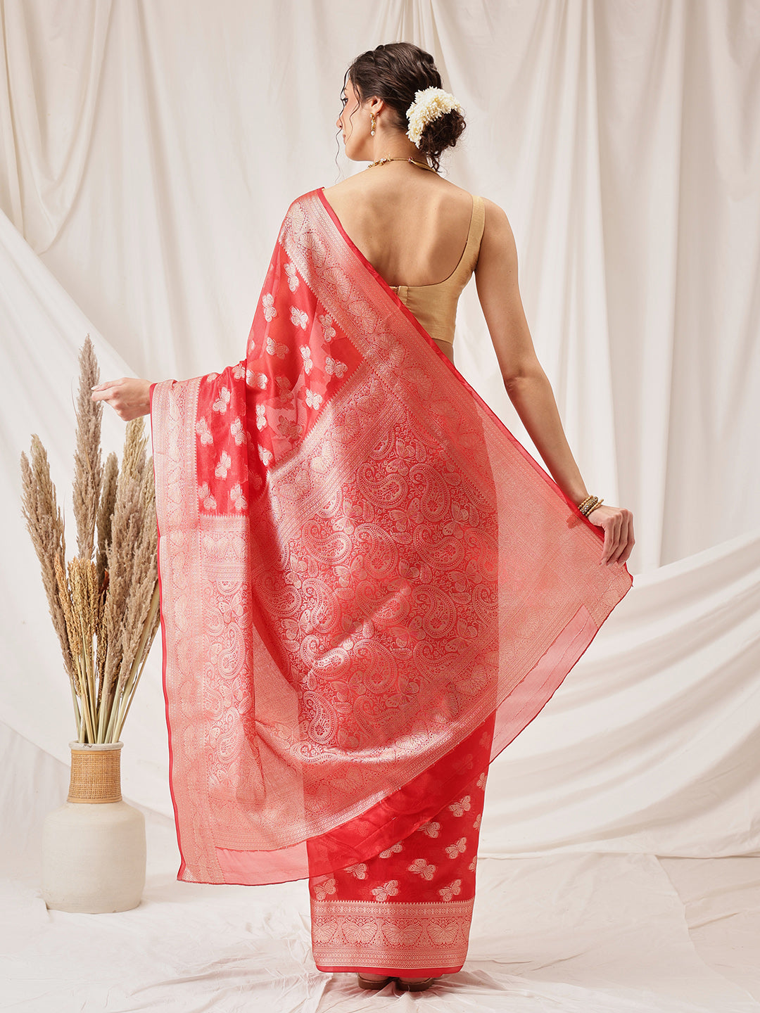 Red Banarasi Organza Silk Abstract Woven Design Saree