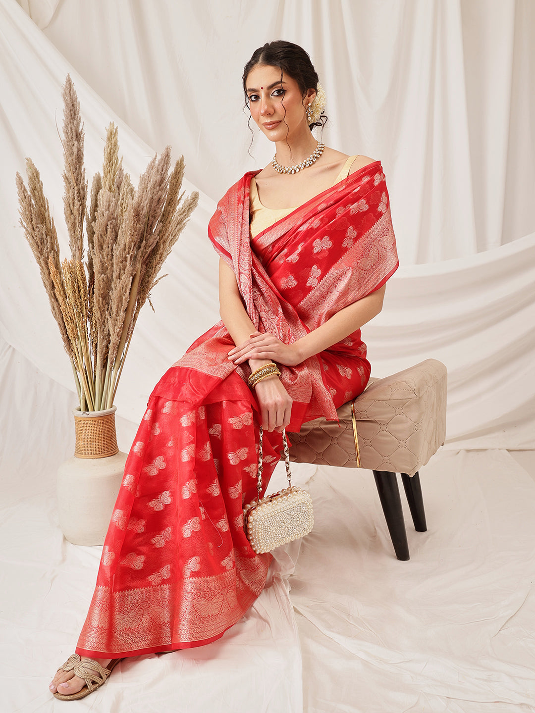 Red Banarasi Organza Silk Abstract Woven Design Saree