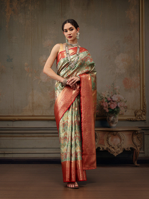 Multicolor Pure Silk Saree with Geometric Zari Weave & Blouse Piece