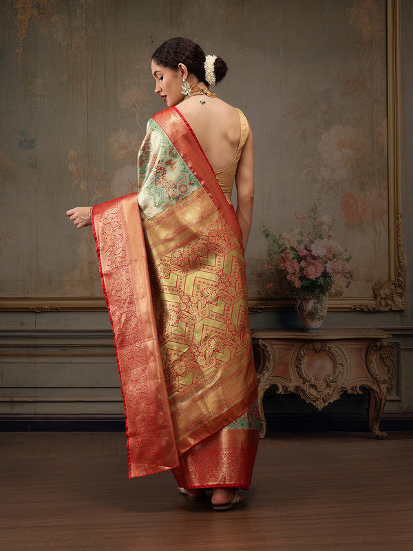 Multicolor Pure Silk Saree with Geometric Zari Weave & Blouse Piece