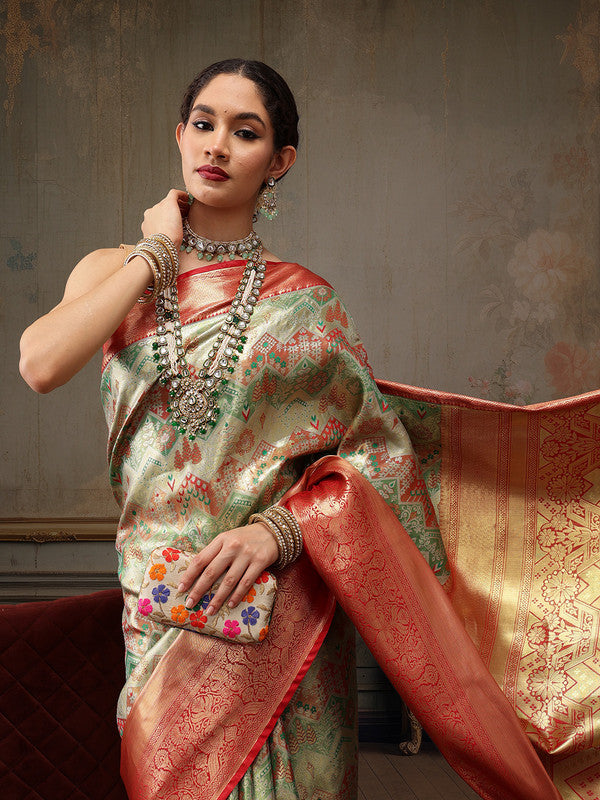 Multicolor Pure Silk Saree with Geometric Zari Weave & Blouse Piece