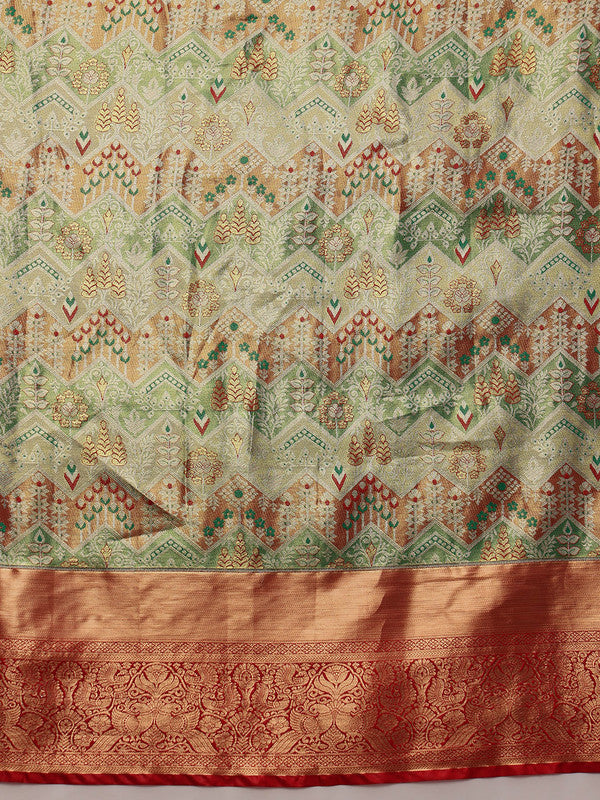 Multicolor Pure Silk Saree with Geometric Zari Weave & Blouse Piece