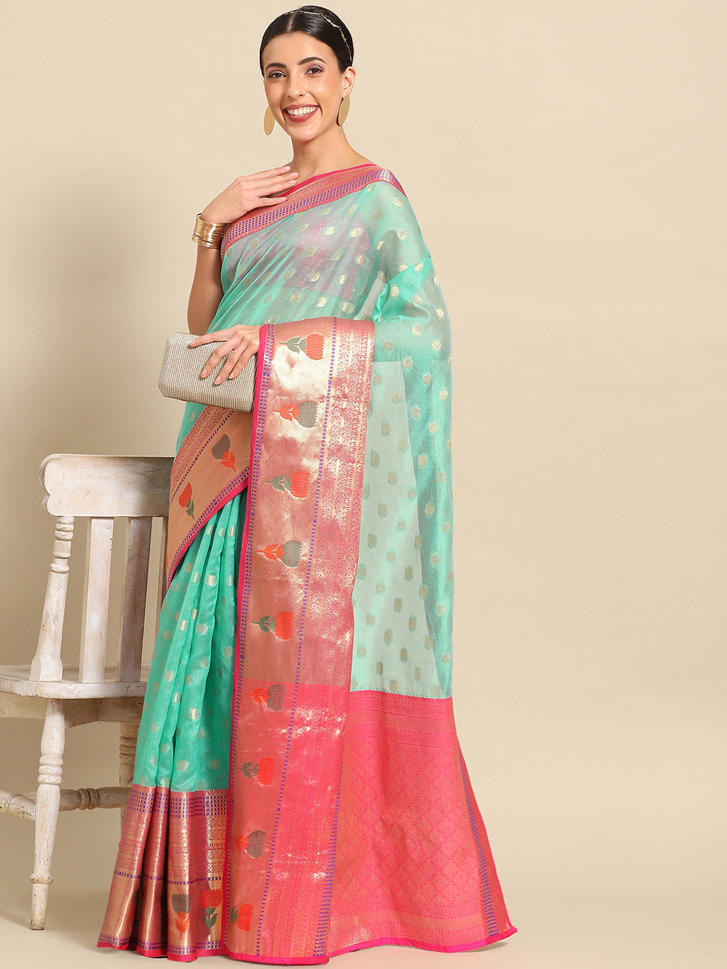 Turquoise Art Silk saree with woven zari ethnic motifs and unstitched blouse piece