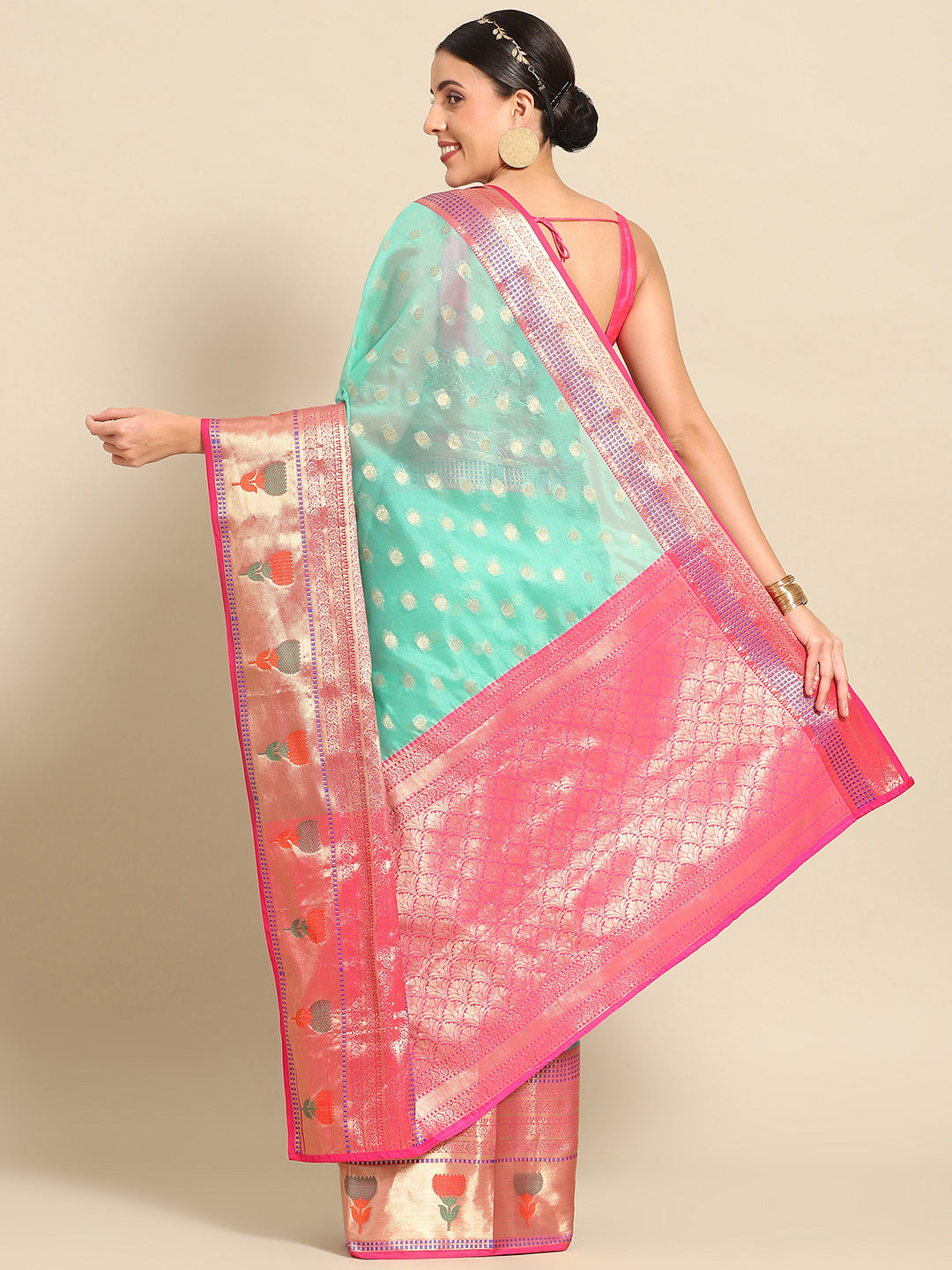 Turquoise Art Silk Saree with Woven Zari Ethnic Motifs & Blouse