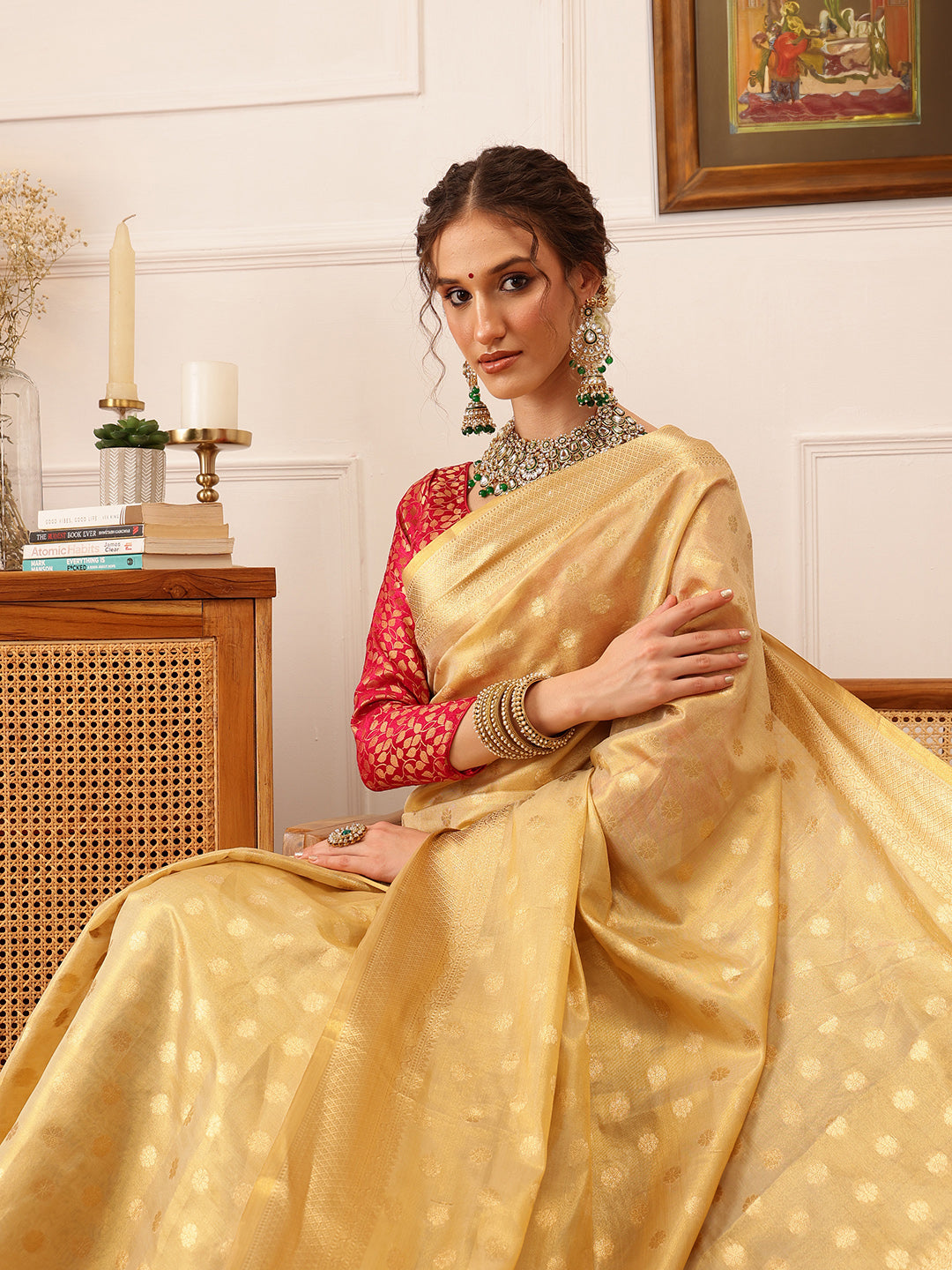 Beige Kanjivaram Tissue Silk Saree with Floral Zari Weave