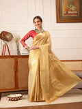 Beige Kanjivaram tissue silk saree featuring intricate floral zari woven patterns