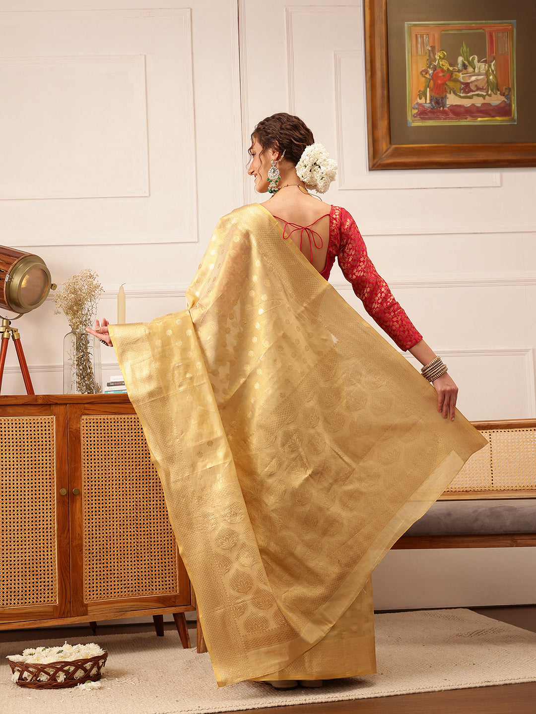 Beige Kanjivaram Tissue Silk Saree with Floral Zari Weave