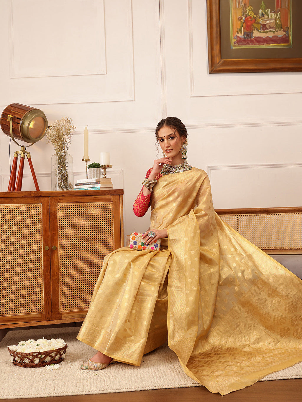 Beige Kanjivaram Tissue Silk Saree with Floral Zari Weave