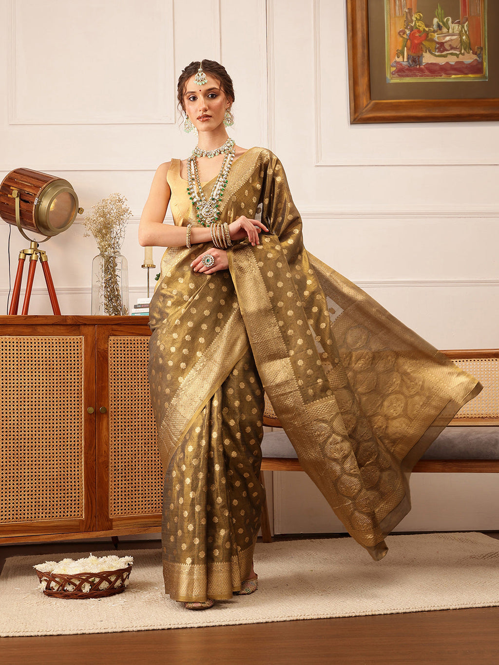 Grey Kanjivaram Tissue Silk saree with floral Zari woven details