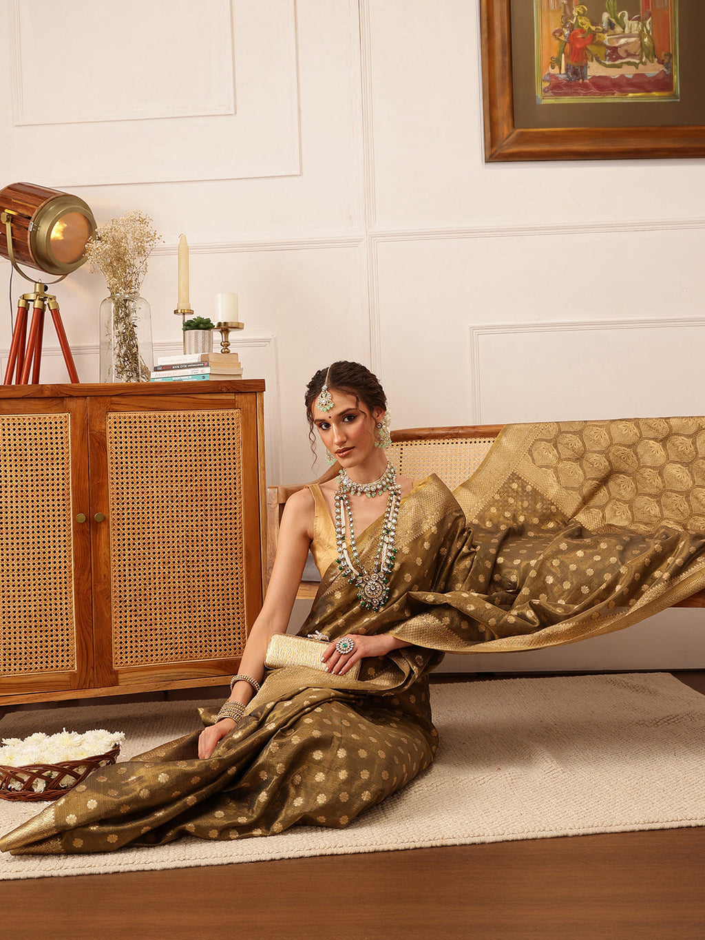 Grey Kanjivaram Tissue Silk Floral Zari Woven Saree