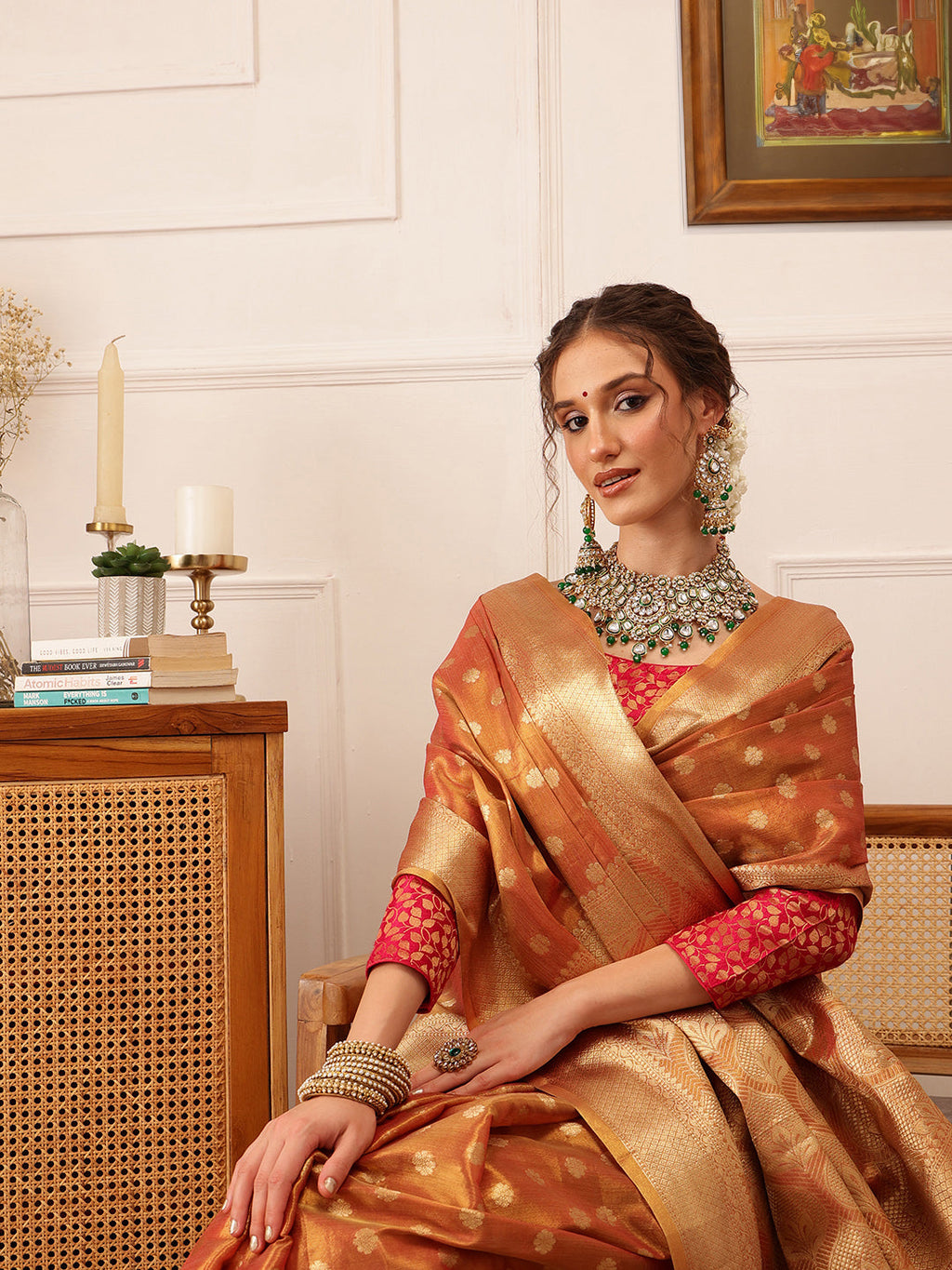 Peach Kanjivaram Tissue Silk Saree with Floral Zari Weaving