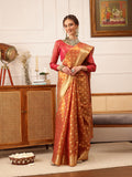 Peach Kanjivaram tissue silk saree featuring intricate floral zari woven details