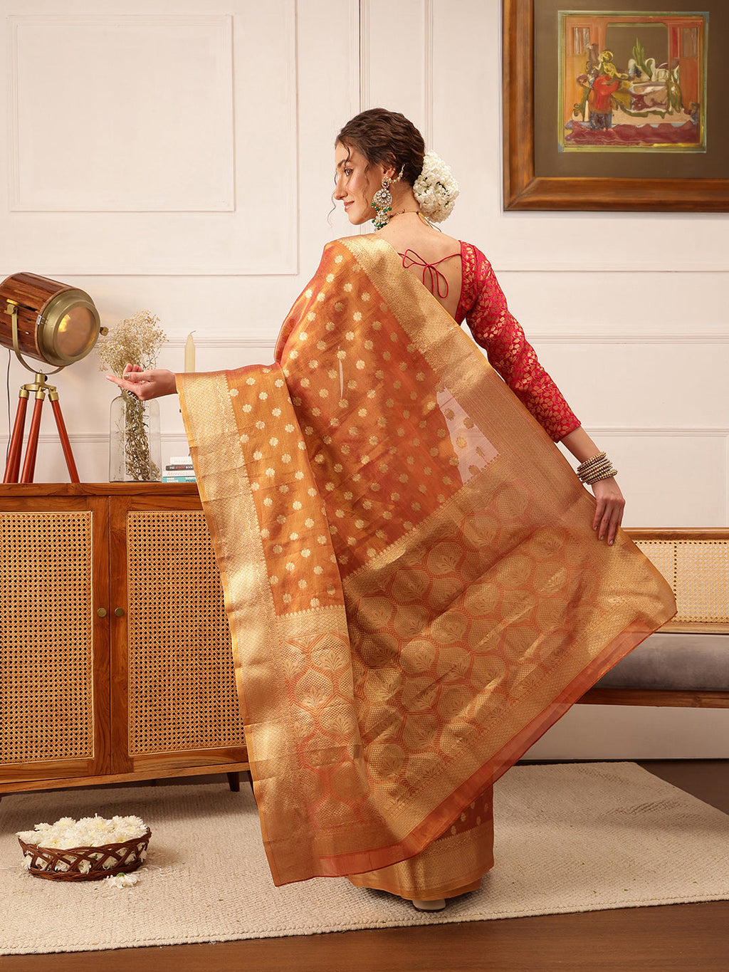 Peach Kanjivaram Tissue Silk Saree with Floral Zari Weaving