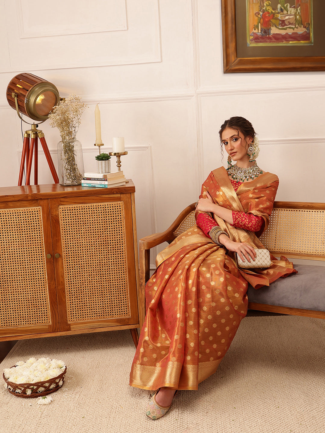 Peach Kanjivaram Tissue Silk Saree with Floral Zari Weaving