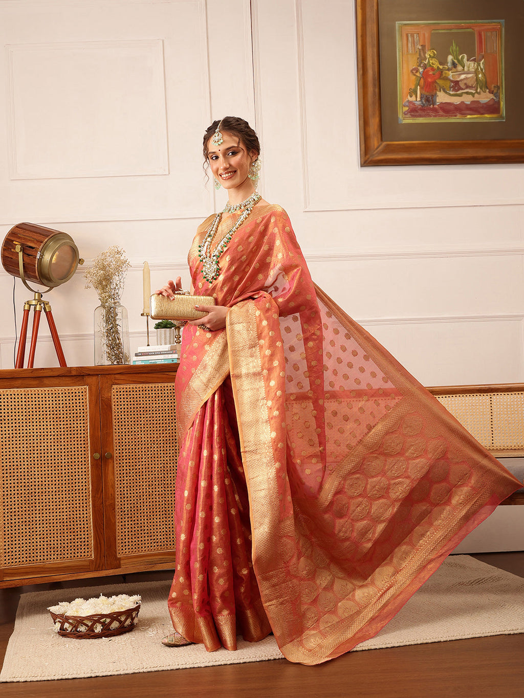 Pink Kanjivaram tissue silk saree with intricate floral zari woven details