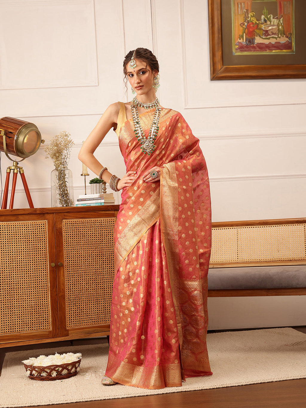 Pink Kanjivaram Tissue Silk Saree with Floral Zari Weave