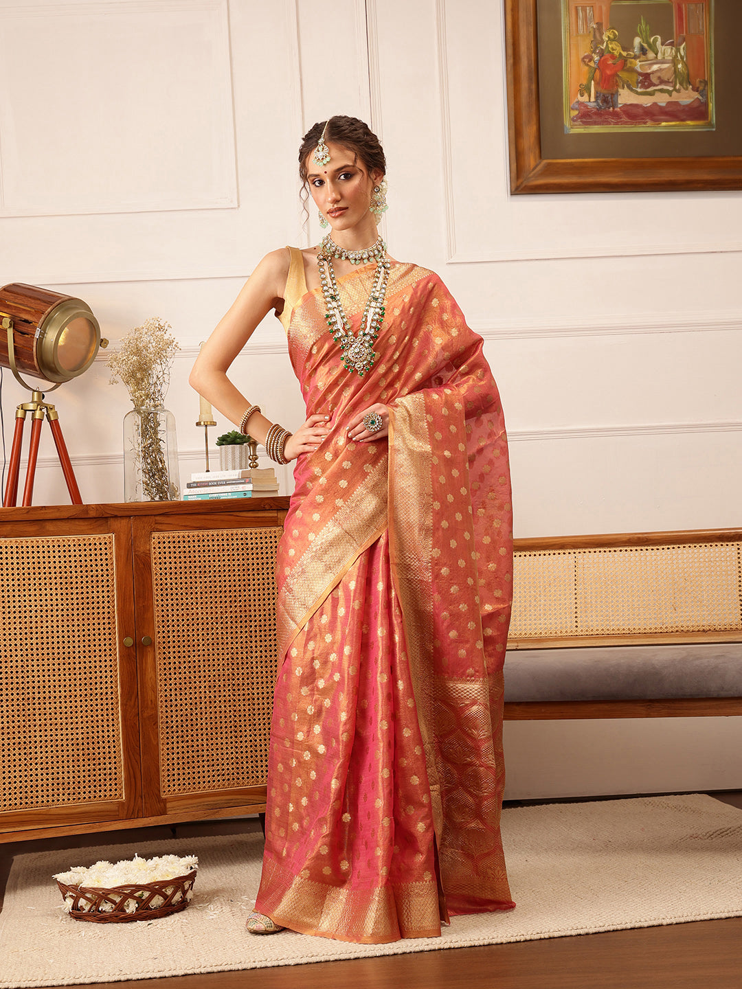 Pink Kanjivaram Tissue Silk Saree with Floral Zari Weave