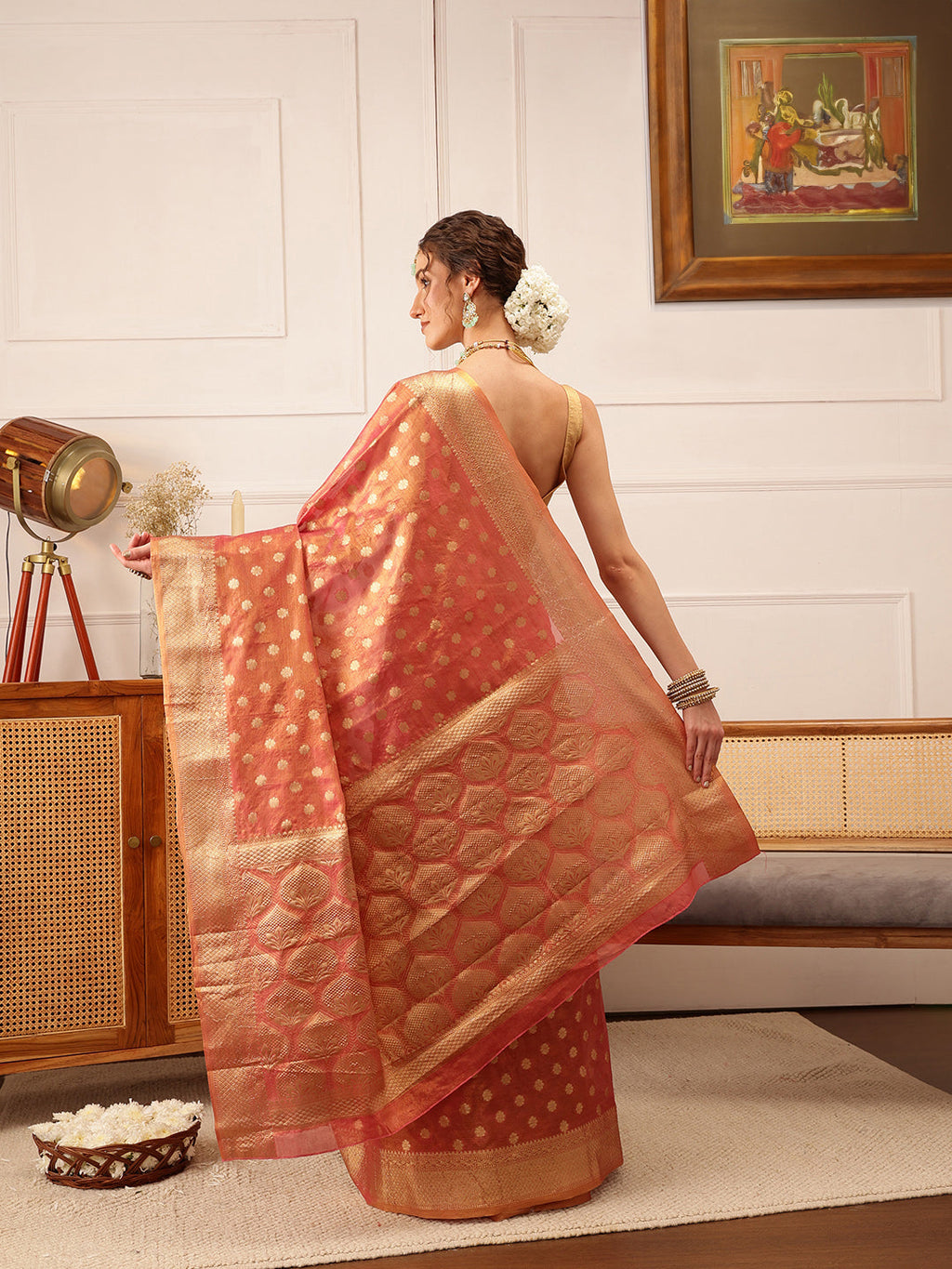 Pink Kanjivaram Tissue Silk Saree with Floral Zari Weave