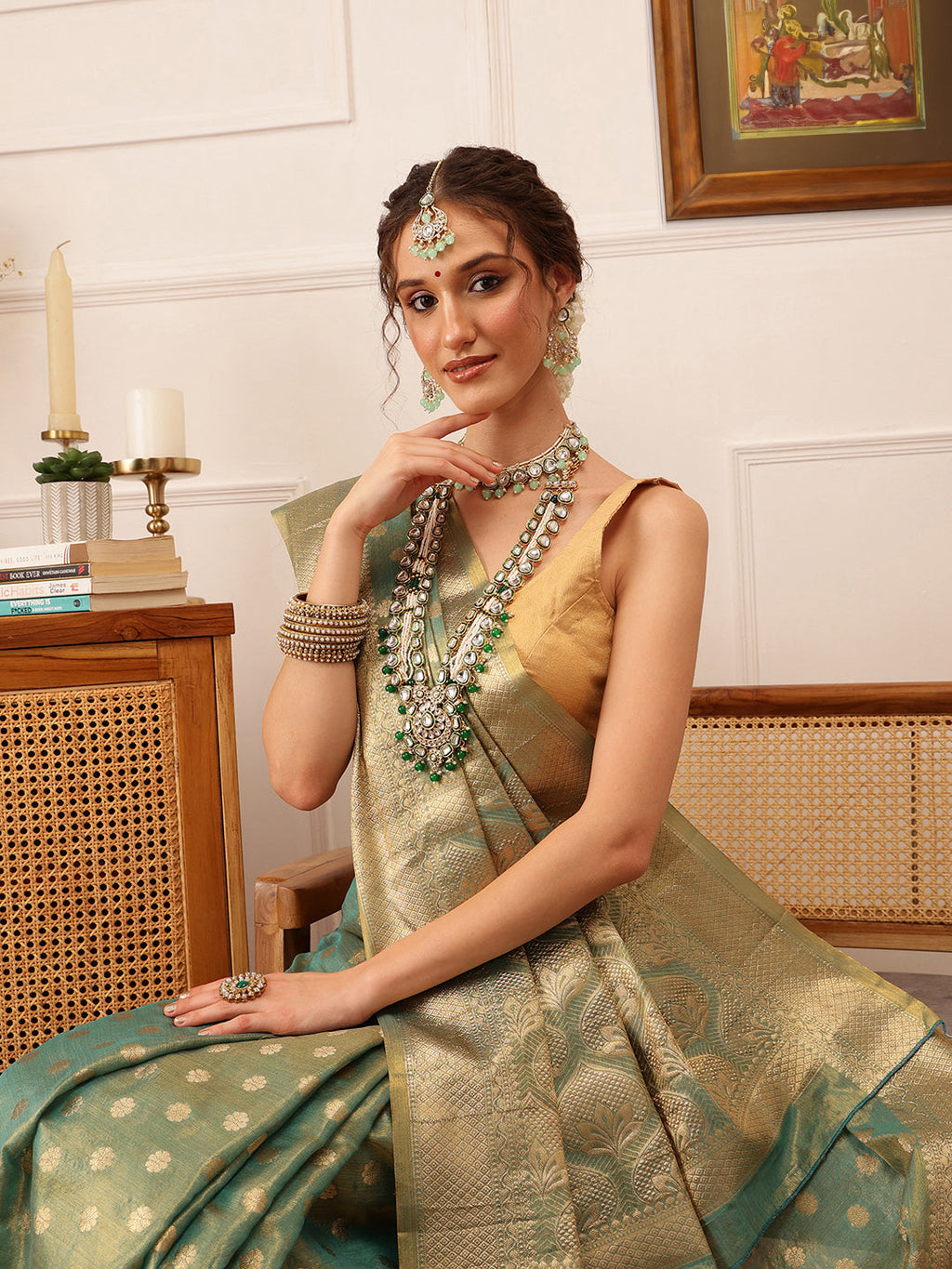 Teal Kanjivaram Tissue Silk Saree with Floral Zari Weaving