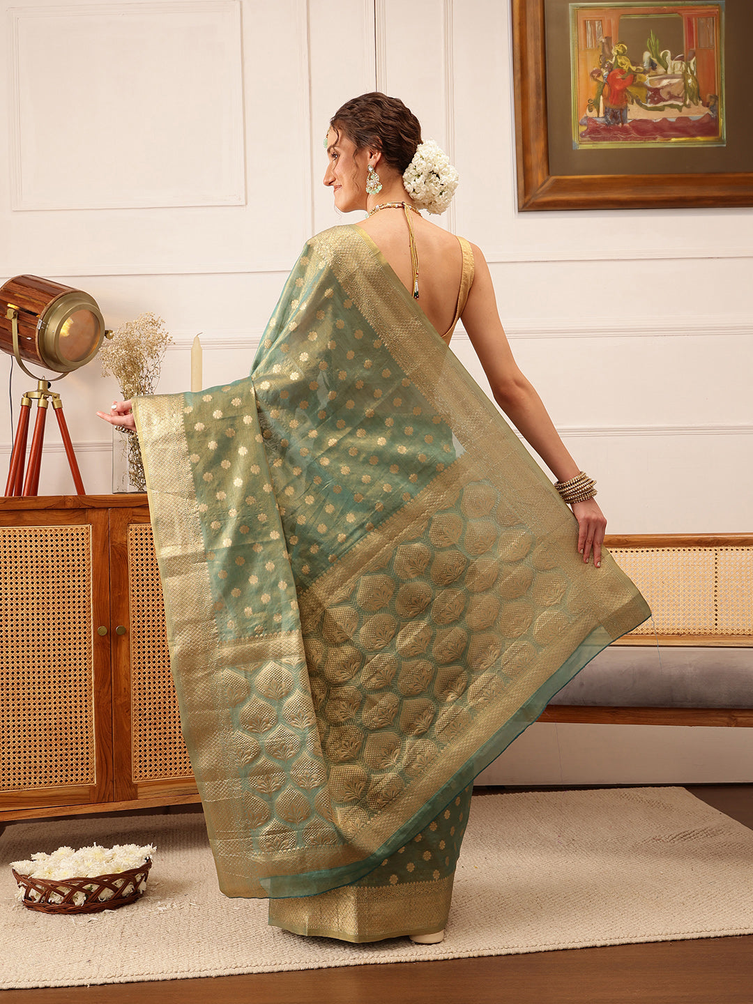 Teal Kanjivaram Tissue Silk Saree with Floral Zari Weaving