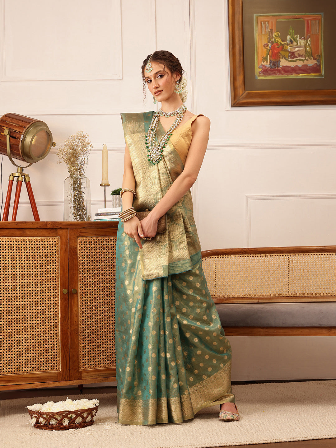 Teal Kanjivaram Tissue Silk Saree with Floral Zari Weaving