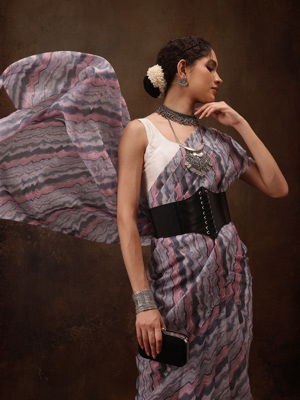 Gray cotton blend saree featuring an abstract digital print and matching unstitched blouse piece.