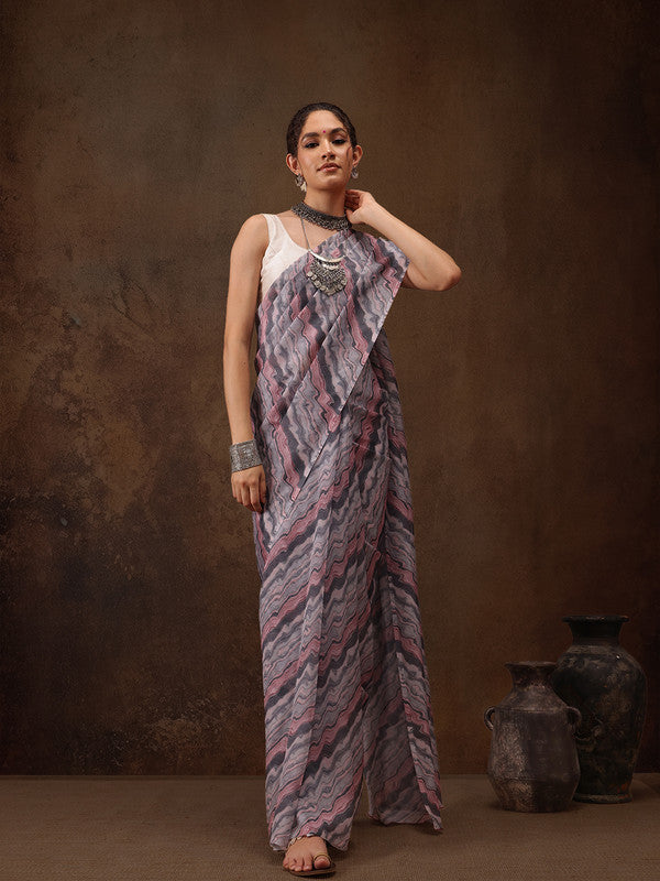 Gray Cotton Blend Abstract Print Saree with Blouse Piece