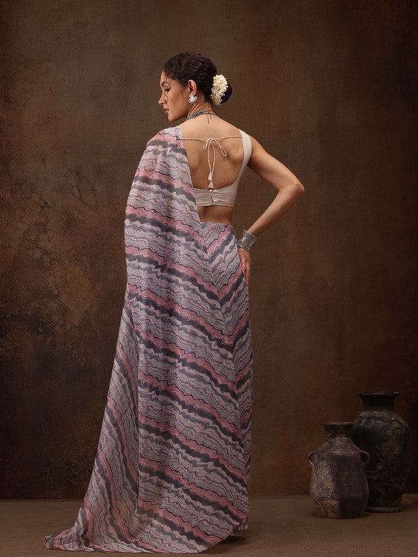 Gray Cotton Blend Abstract Print Saree with Blouse Piece