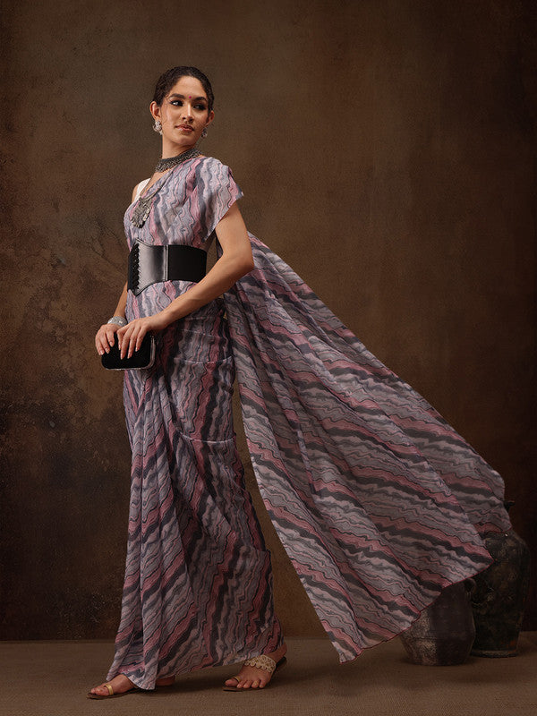 Gray Cotton Blend Abstract Print Saree with Blouse Piece