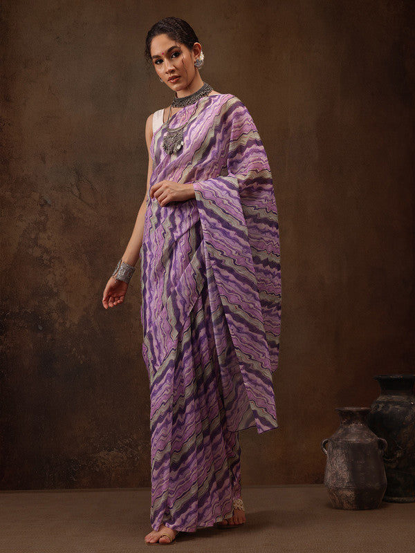 Lavender cotton blend saree with abstract digital print and unstitched blouse