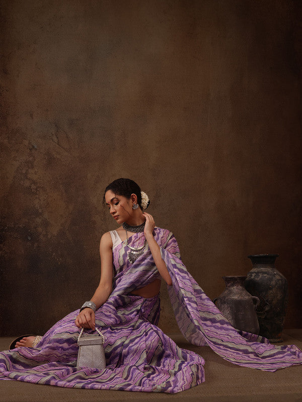 Lavender Cotton Blend Saree with Abstract Digital Print