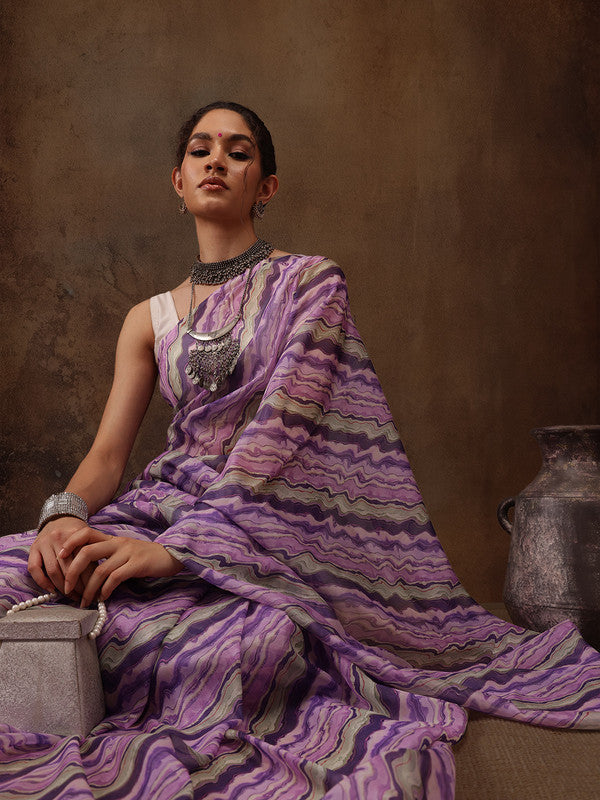 Lavender Cotton Blend Saree with Abstract Digital Print