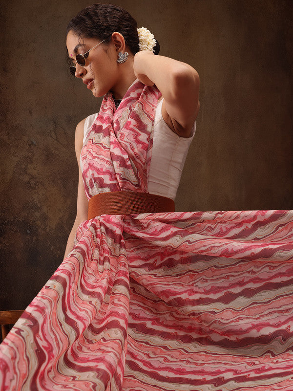 Multicolor Abstract Cotton Blend Digital Print Saree with Blouse