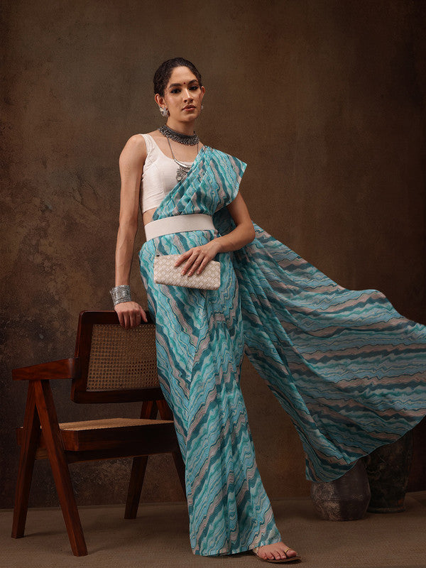 Turquoise cotton blend saree with modern digital abstract print and unstitched blouse