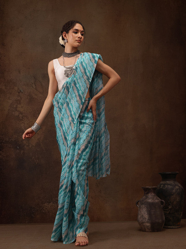 Turquoise Cotton Blend Abstract Print Casual Saree