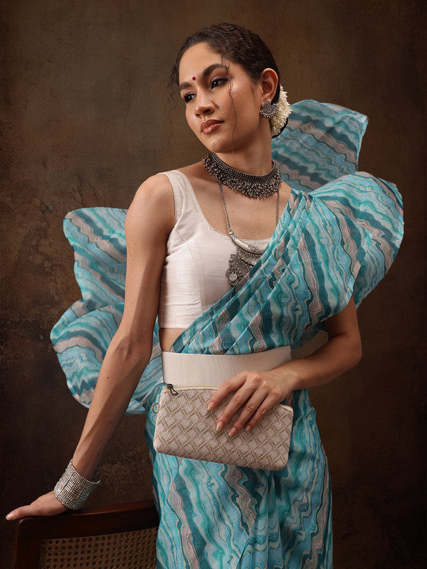 Turquoise Cotton Blend Abstract Print Casual Saree