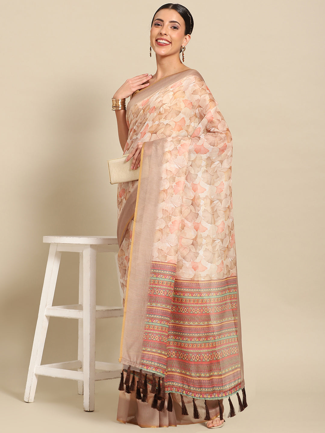 Beige pure cotton floral printed saree with matching unstitched blouse piece