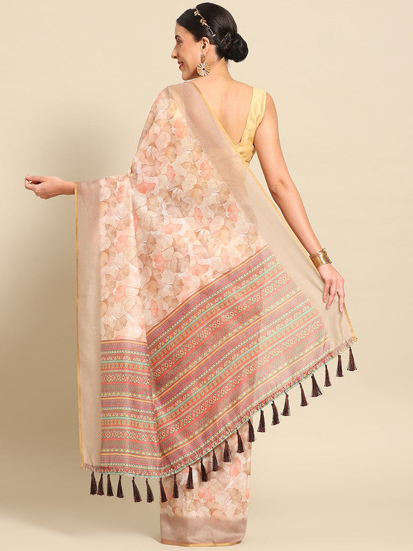 Beige Pure Cotton Floral Print Saree with Unstitched Blouse