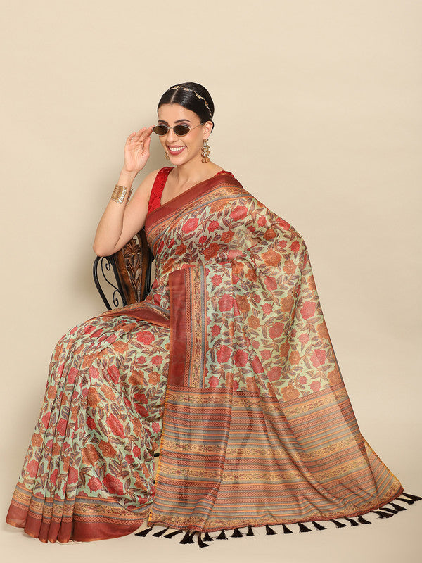 Green pure cotton saree featuring floral print motifs with included unstitched blouse