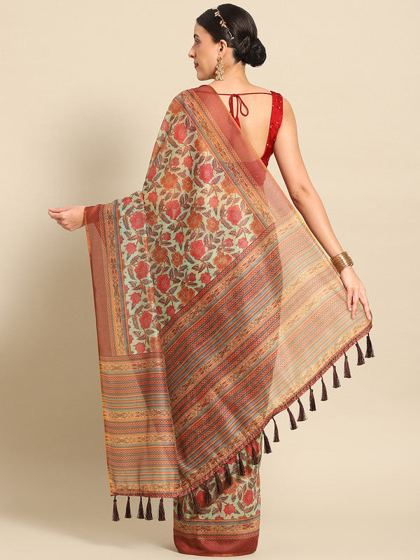 Green Pure Cotton Floral Print Saree with Unstitched Blouse
