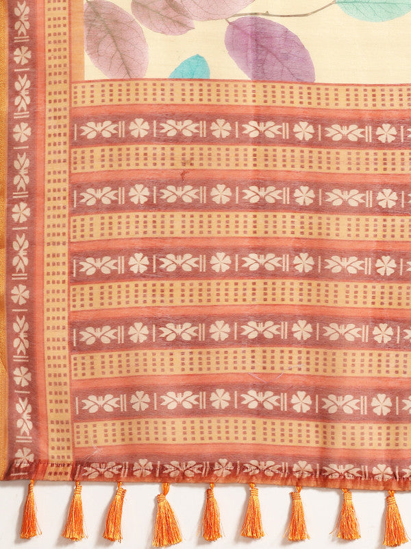 Mustard Pure Cotton Printed Floral Saree with Unstitched Blouse - Hiral Fashion