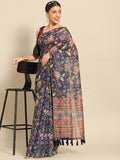 Navy blue pure cotton saree with soft floral print and unstitched blouse piece