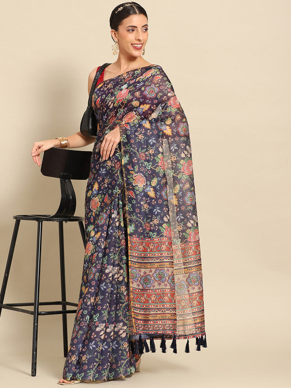 Navy blue pure cotton saree with soft floral print and unstitched blouse piece
